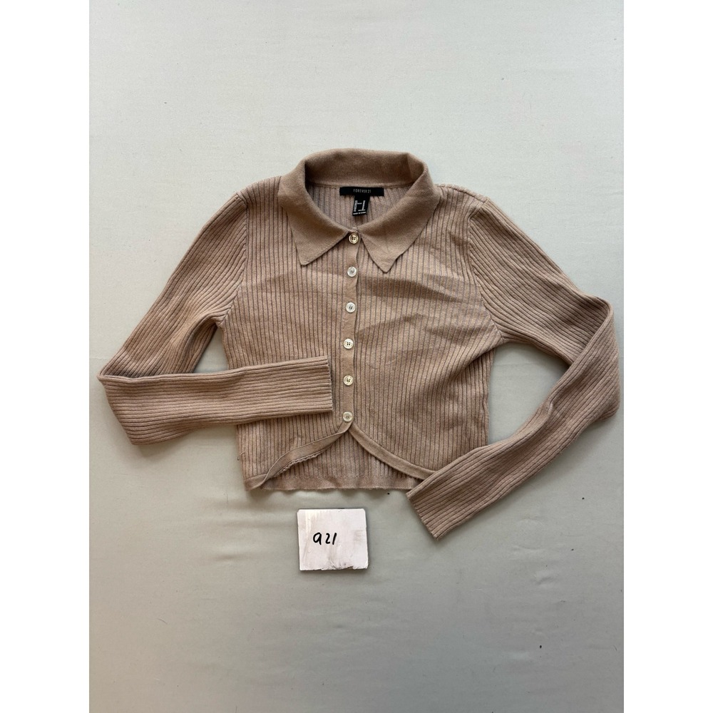 Forever 21 Tan Ribbed Knit Cropped Cardigan Sweater Button Down Collar Top M